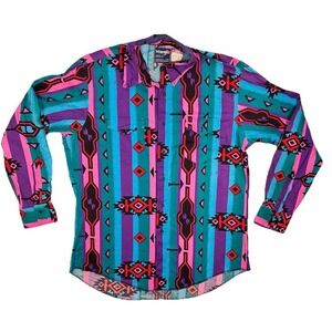 Vintage Wrangler Western Shirt Mens 17 Multi Aztec Southwestern Cowboy 80s Rodeo